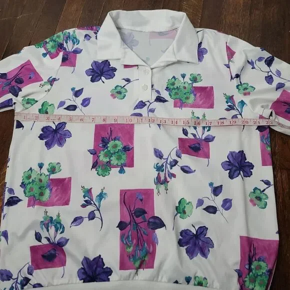 Vintage Colorful Floral Short Sleeve Polo Shirt Cottagecore - Picture 8 of 10